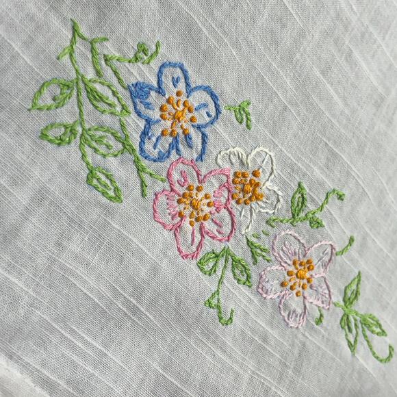 Vintage Table Runner Hand Embroidered Pink and Blue Flowers Crochet Edge 40"x12” - Picture 8 of 10